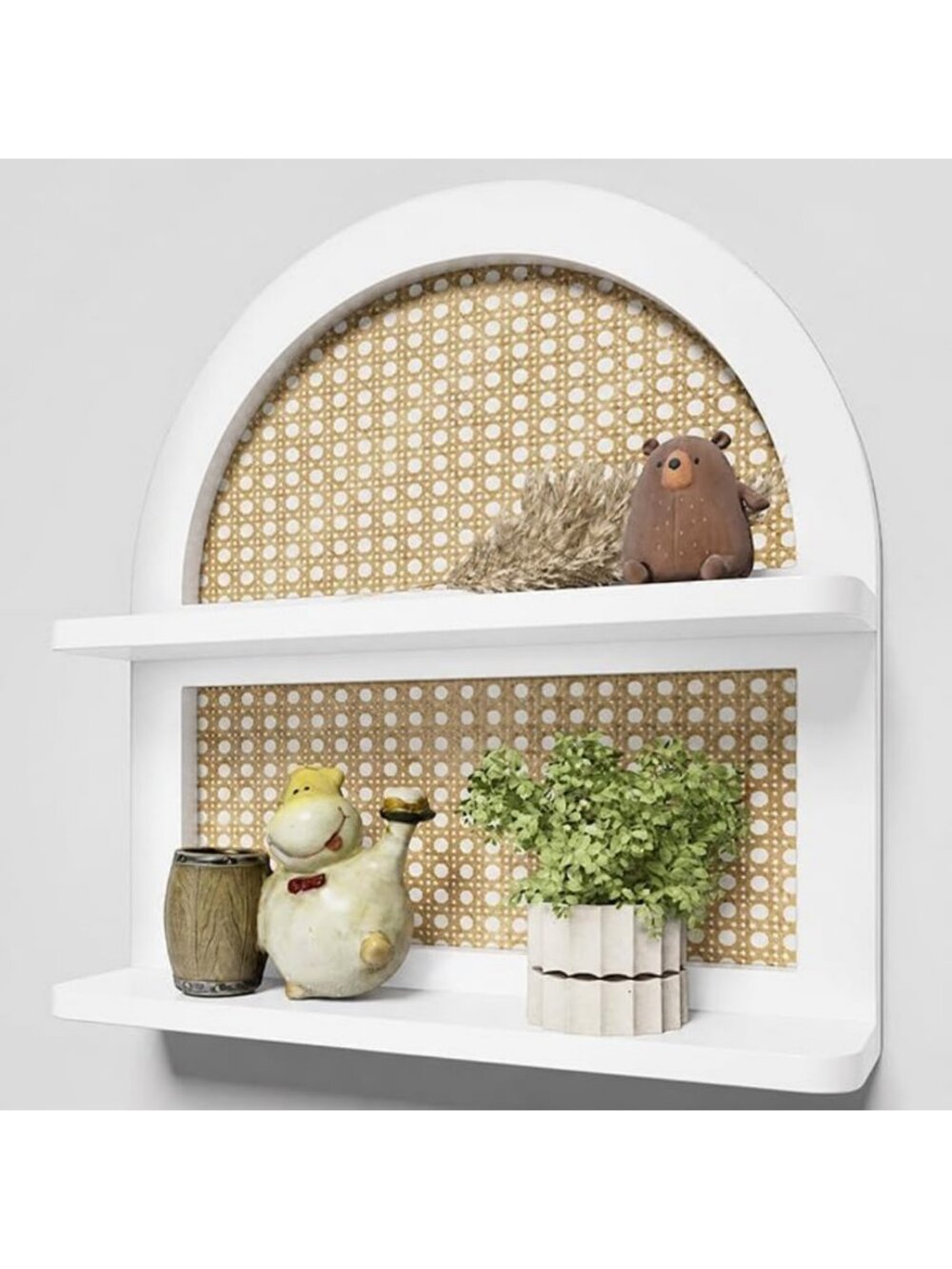 Boho Rattan Wall Shelf - 2-Tier Floating Wicker Shelf for Rustic Nursery Decor